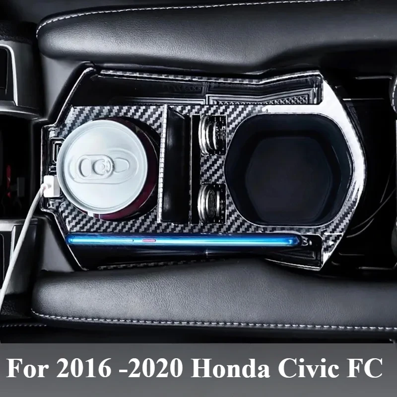 For 2016 -2020 Honda Civic FC Cup Storage Box Organizer Tray Dual USB Charging Port Carbon Fiber Design