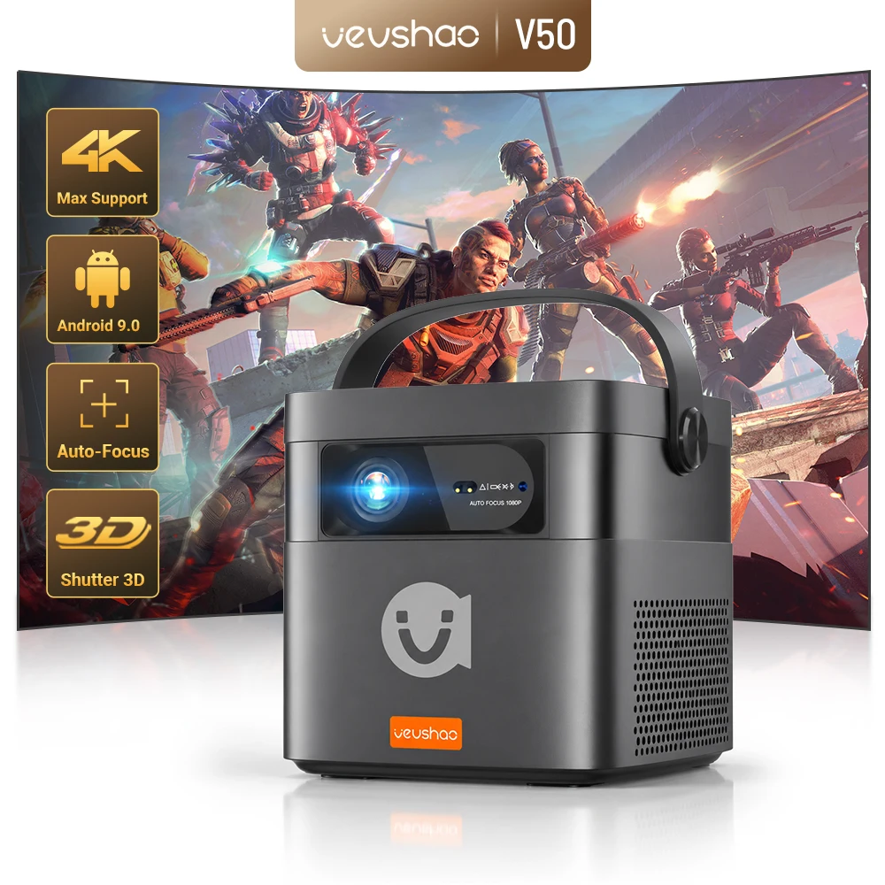 VEVSHAO V50 400ANSI DLP Projector Airplay Miracast 15000mAh Battery Android 9.0 TOF Focus 3D Portable Outdoor Movie Projector