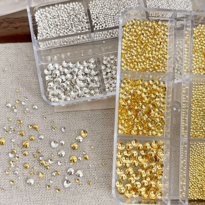 6 Grid/box Gold Silver Half Round Rivets Nail Charms 0.8-3mm Flat Back Round Metal Nail Bead Micro Ball Manicure Bead