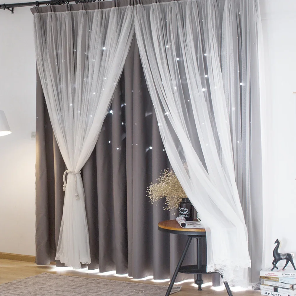 Customize Double Layers Romantic Sheer Kids Children Girls Curtains With Hollow Out Stars For Living Room Bedroom Windows Drapes