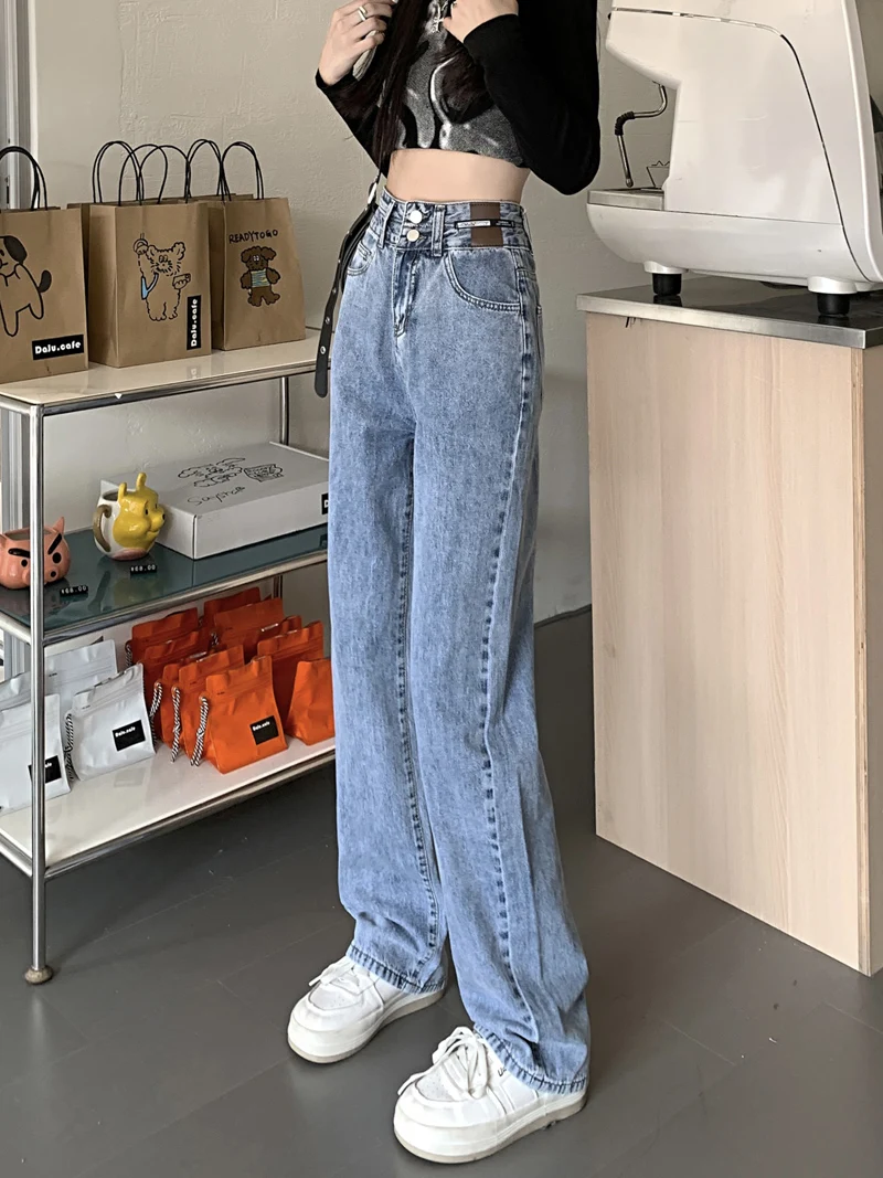 Cintura alta perna reta jeans feminino novo 2025 emagrecimento plus size solto ort plus size calças verão mistura de algodão fino