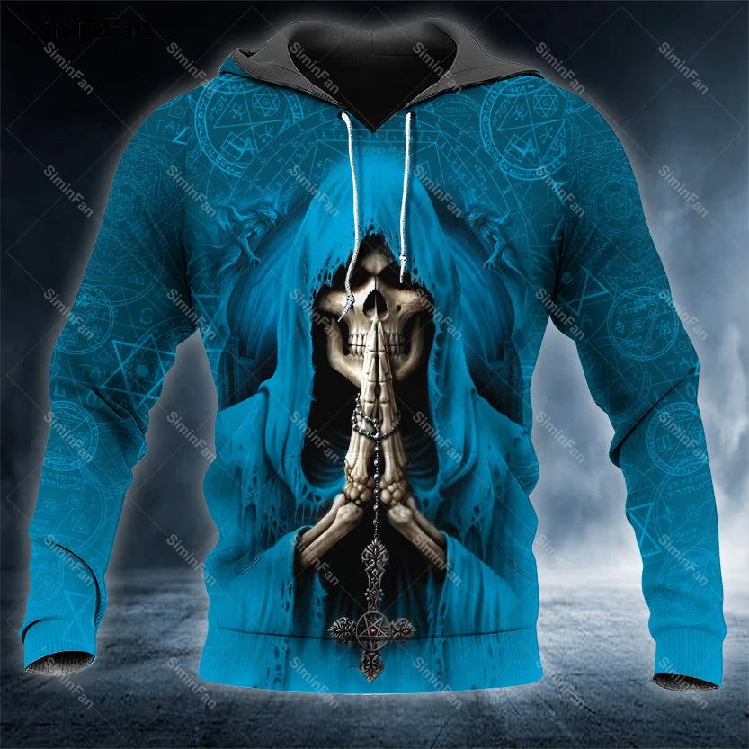 Grim Reaper Blue Red Pray Skull 3D Printed Hoodies Zipper Jacket Mens Hooded Pullover Coat Unisex Outwear Casual Sweatshirt Top