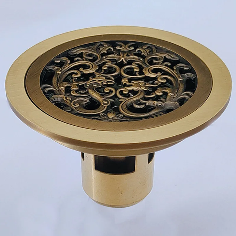 

Antique Bronze Carved 10X10M Floor Drain Brass Round Shower Floor Drain Brass Circular Floor Drain Screen Cover Grille Drain