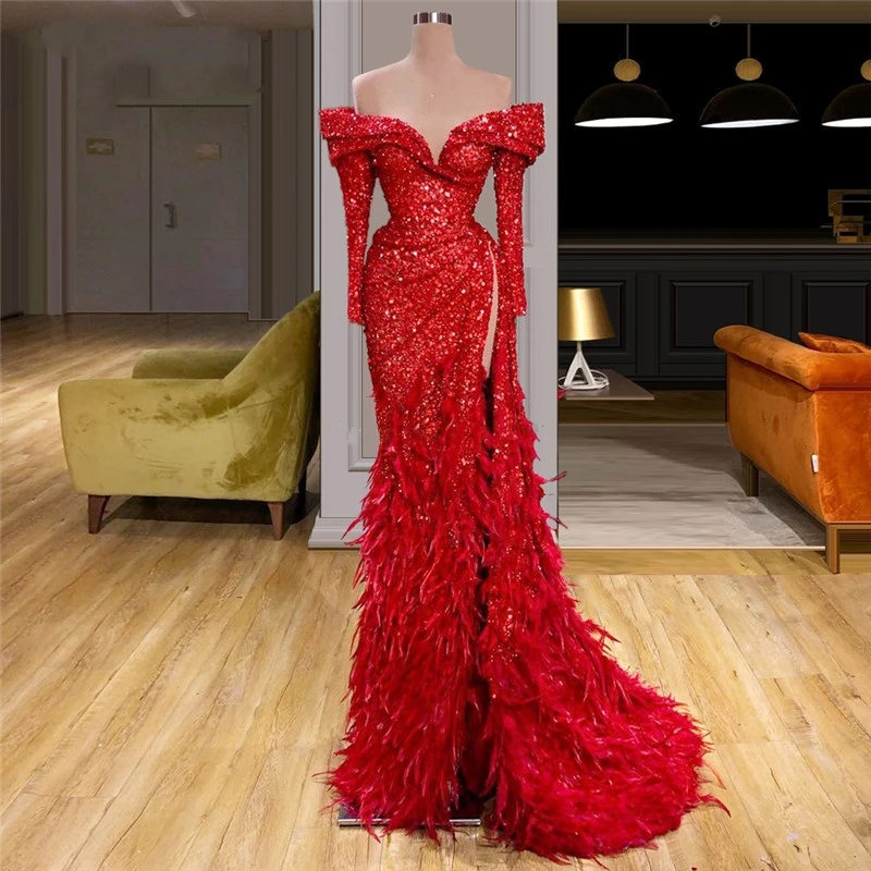 

Elegant Red Mermaid Long Sleeves Evening Dresses 2020 Off Shoulder Sparkly Feathers Formal Women Prom Gowns Custom Saudi Arabia