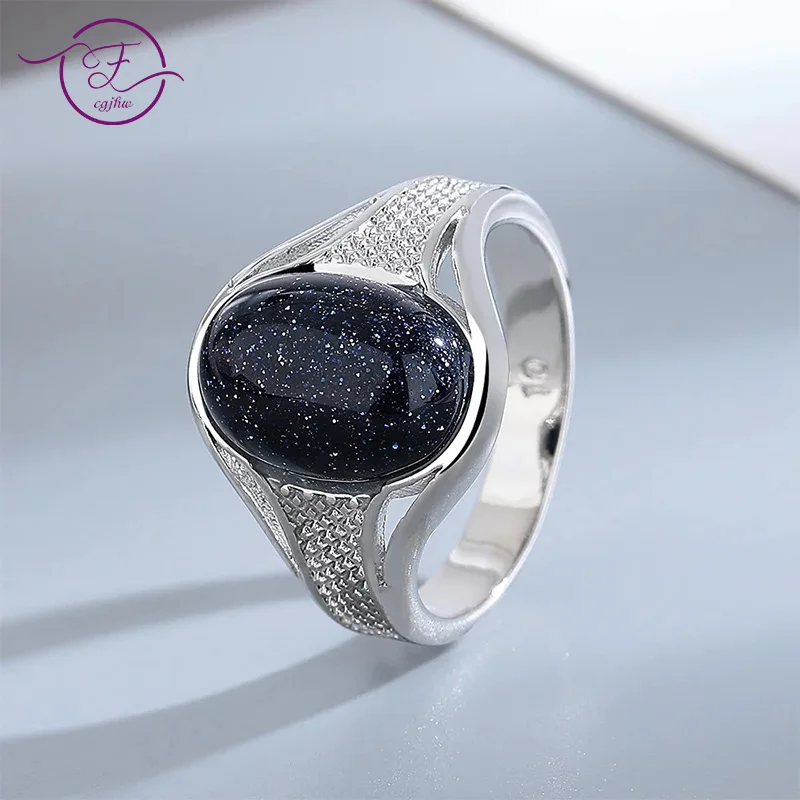 

Vintage 10*14mm Bluesand Stone Ring for Women Men S925 Silver Plated Oval Natural Gemstone Jewelry Party Anniversary Gift FCGJHW