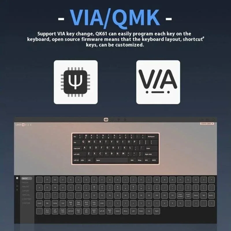 

QK61 V2 60% маленькая механическая клавиатура с беспроводным подключением 2,4 ГГц и мини-клавиатурой с цветной подсветкой D2RC