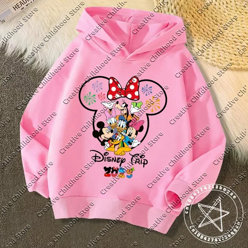 Disney Kawaii 2025 Fashion Disneyland Trip Vacation Clothes Caricature Hoodie Children Top Cartoons Girl Clothes Boy Disney Kids