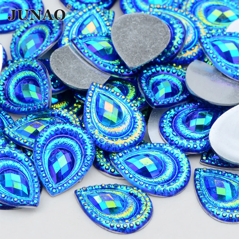 JUNAO 7*21mm 13*18mm 18*25mm Red AB Flatback Resin Drop Rhinestones Non Sewing Strass Applique For DIY Crafts Decoration