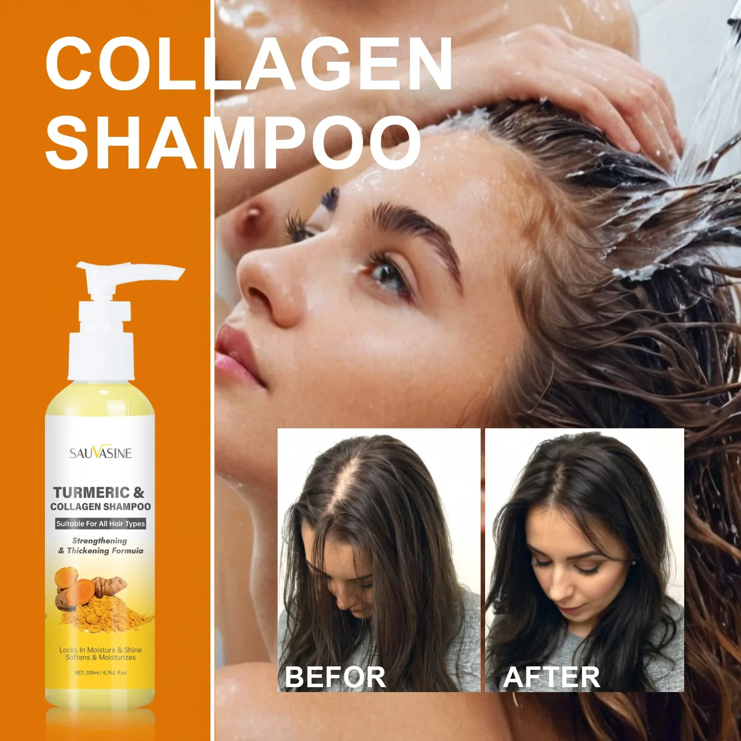 Kurkuma-Kollagen-Shampoo zur Stärkung der Haare, voluminös, verdicktes Ölkontrolle, nährendes Shampoo, glättendes Haarpflegeprodukt