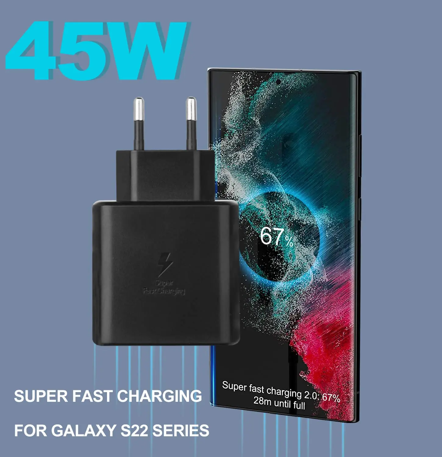 شاحن PD45W فائق السرعة USB-C، PD3.0 PPS معتمد، لهاتف Galaxy S23/S22/S21 Ultra، Note 20، iPad Pro، قابس شحن سريع ﻿ ﻿