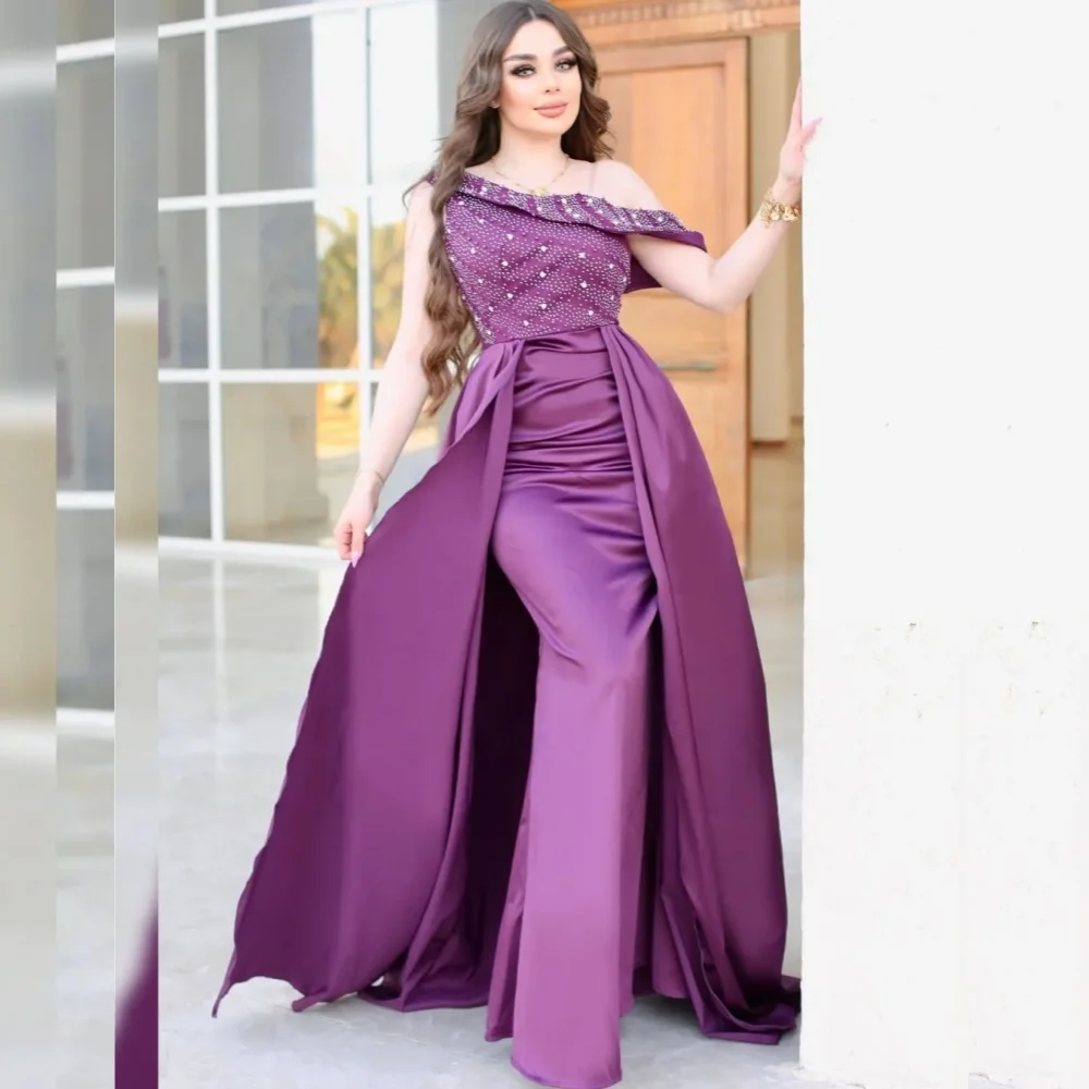 

Customized Fashion Elegant Charmeuse Sequined Pleat Straight Off-the-shoulder Long Dresses Bespoke Occasion Classic