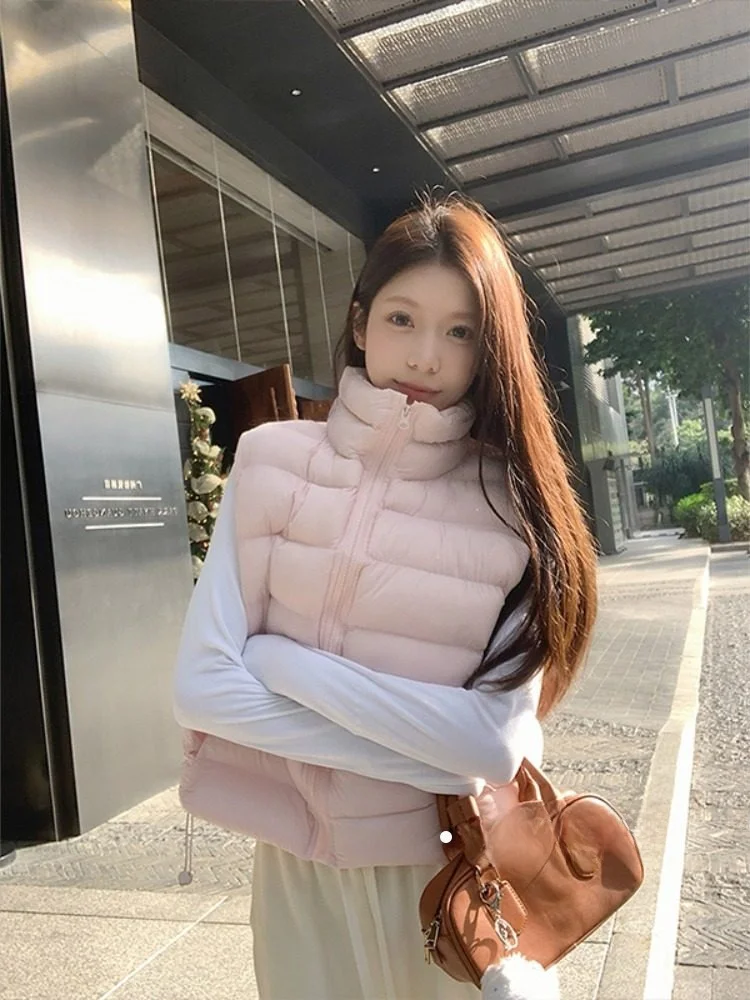 

Облегающий корейский хлопковый жилет на молнии с воротником-стойкой, женский зимний теплый легкий модный дышащий топ на бретелях