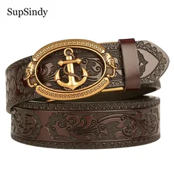 SupSindy Hommes ceinture en cuir véritable luxe or ancre métal boucle automatique ceintures en peau de vache pour hommes jean ceinture mâle sangle noir