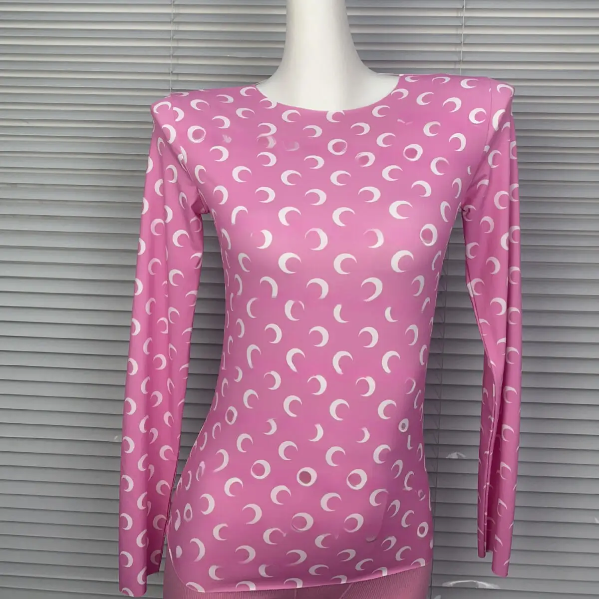 Summer Fashion Pink Crescent Print T-Shirt Women Elastic Round Neck Short Sleeve Long Sleeve Slimming Top Streetwear Blouse