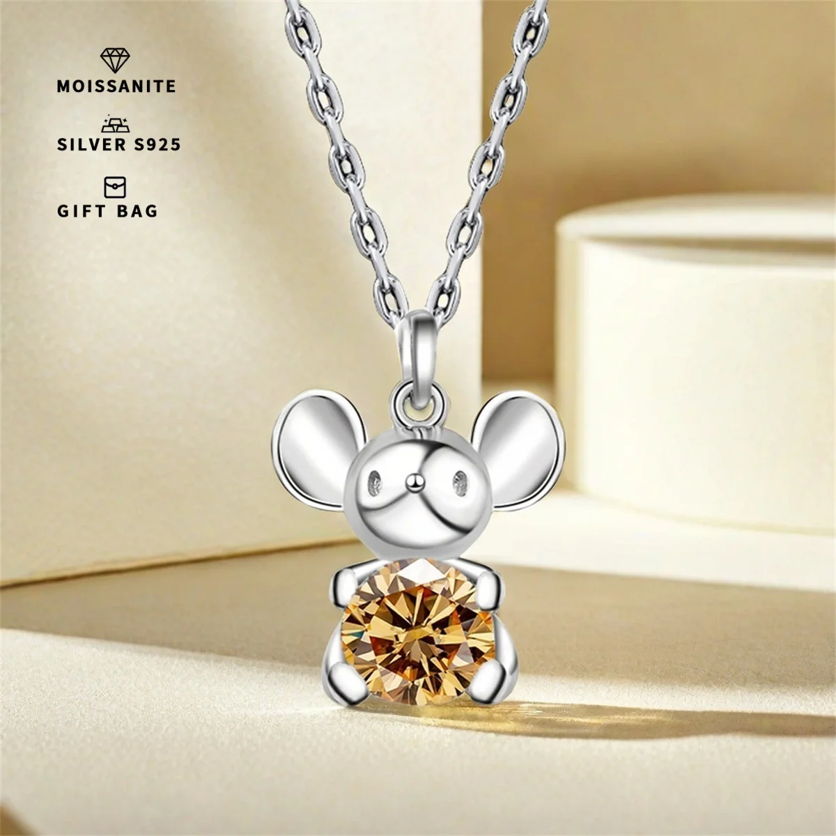 GRA Champagne Moissanite S925 silver Platinum plated pendant cute mouse necklace Zodiac clavicle chain fashion plating Platinum