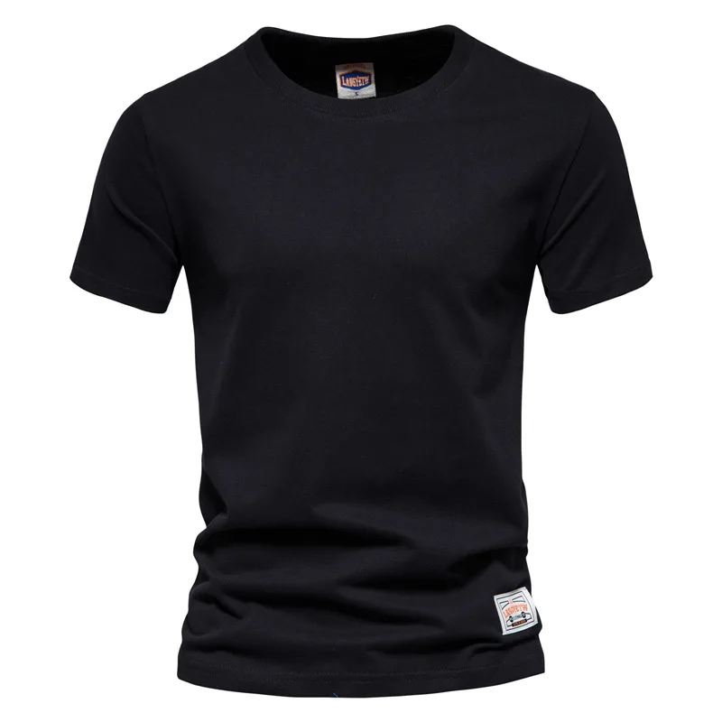 Camisetas 100% de algodón para hombre, camisa informal de manga corta con cuello redondo, Tops de calidad, ropa básica negra