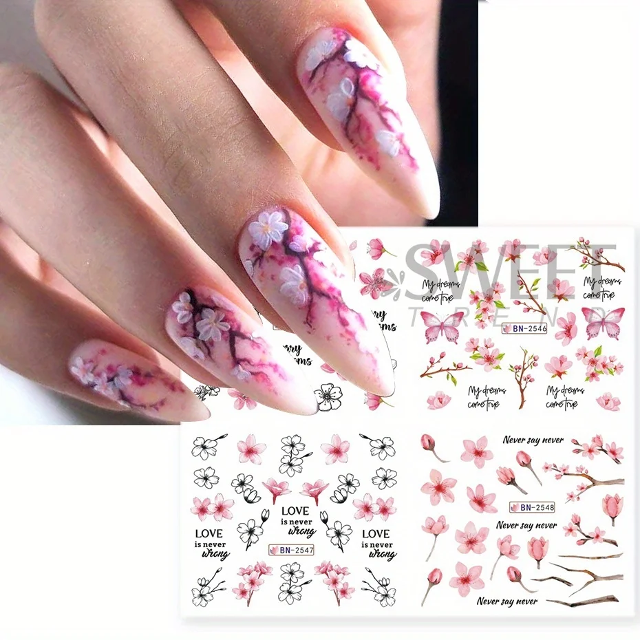 12 pezzi cursori per unghie con acqua di fiori di ciliegio rosa inverno capodanno Sakura adesivi con foglie floreali accessori per ciondoli fai da te decorazioni per manicure