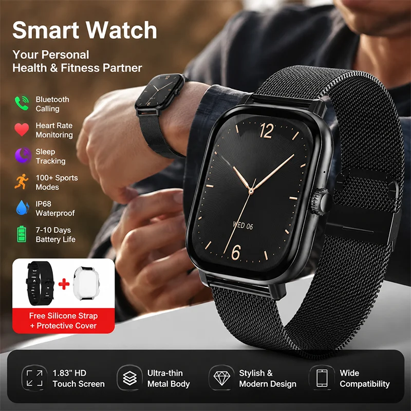 Smartwatch mit Bluetooth-Anruf, HD-Display, Fitness-Tracker, Blutdruck-, Herzfrequenz- und Schlafmonitor, wasserdichte Sportuhr für Männer und Frauen HT22