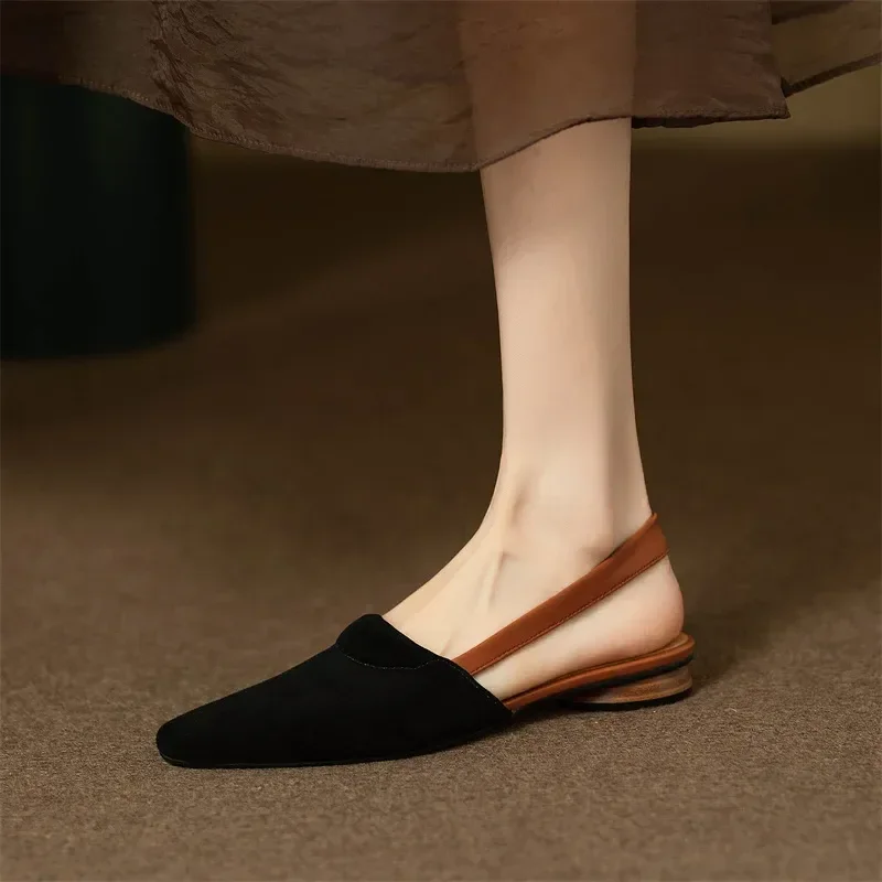 New Fashion Summer Sandals Mules Cover Toe Sandals Pointed Toe Low Heels Sandals for Women Handmade Sheep Suede Women Sandals 40