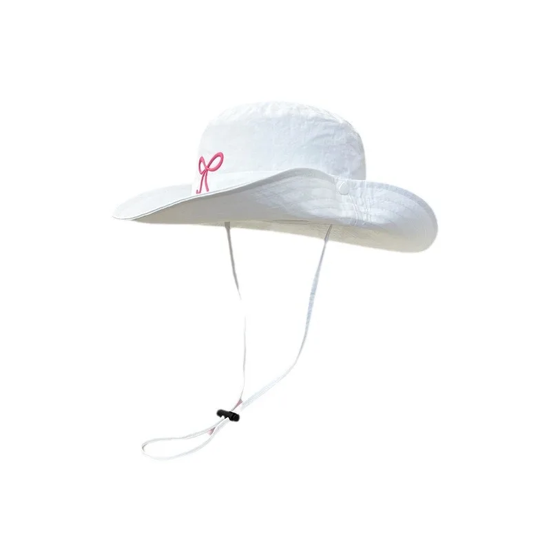 Ins Cute Pink Bowknot Strap Bucket Hats dla kobiet Ins 2024 Summer Korean Outdoor Camping Sunscreen Quick Drying Fishing Caps Men