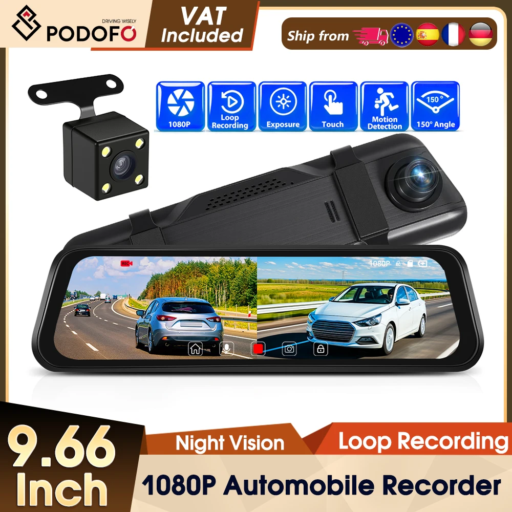 Podofo 9.66'' Kamera Samochodowa 1080P z Podwójnym Obiektywem, Wielojęzyczny Rejestrator Samochodowy z Tylną Kamerą 480P, Kąt Widzenia 150° ° Szeroki kąt widzenia