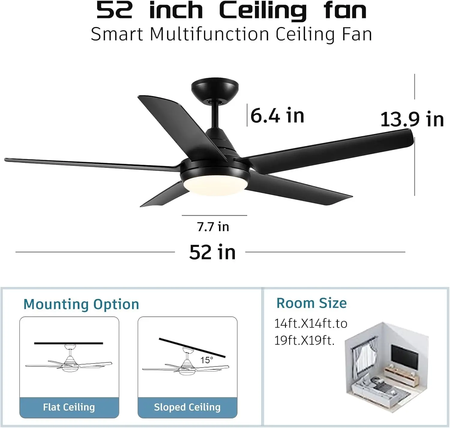 52 Zoll schwarze Decken ventilatoren mit Lichtern und fern dimm baren, reversiblen Flügeln, leisem Motor, 6-Gang, Innen/Außen modern