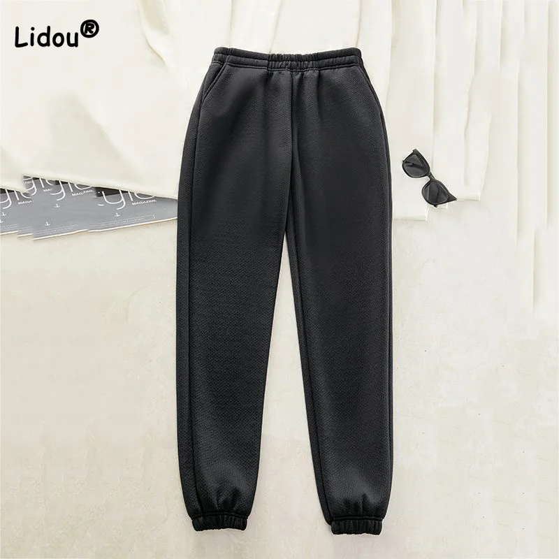 

Fashion Womens Clothing Winter Waffle Sports Pants Black All-match Elastic High Waist Pockets Loose Casual Corset Trousers Trend