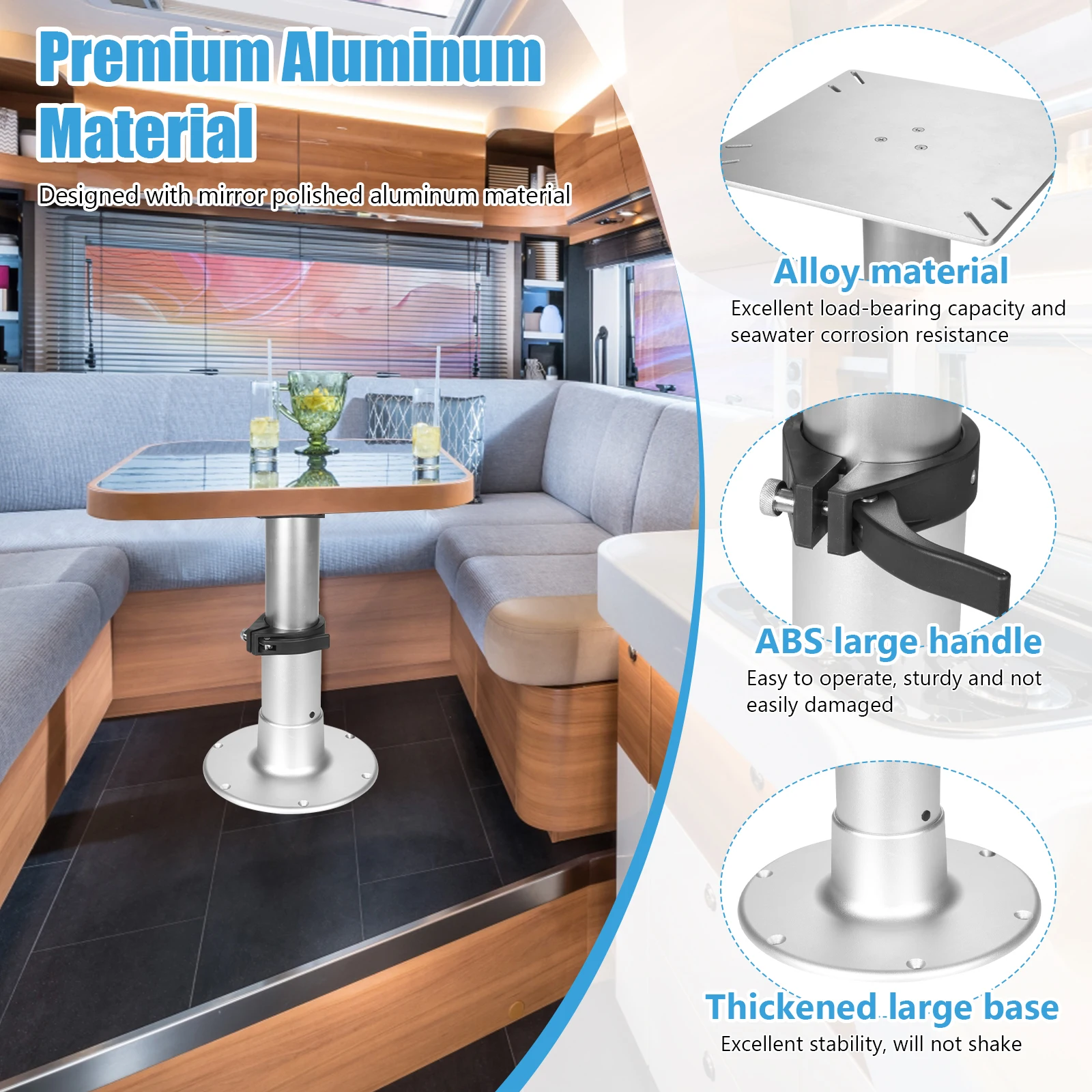

RV Table Pedestal Stand Detachable 3-Level Telescopic Aluminum Alloy 13-28 Inch Height Range with Gas Lift for Marine Boat Yacht