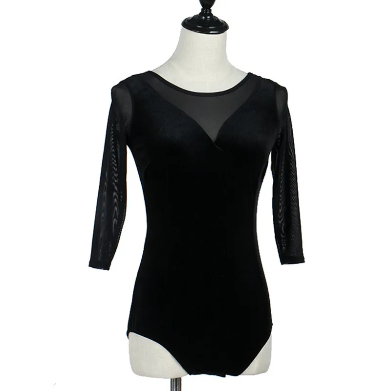 

customized Latin dance jumpsuit top with mid sleeves modern dance round neck jumpsuit back with sheer black bodysuit faldas