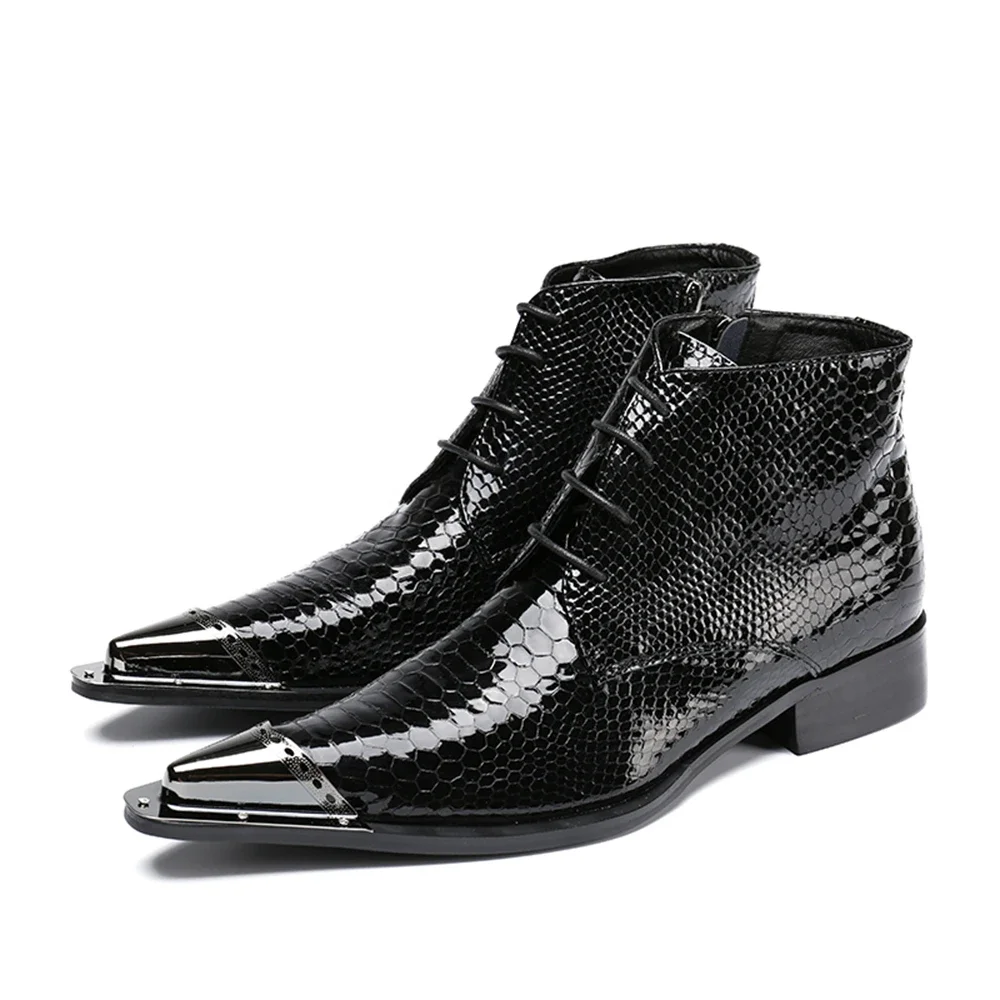 Black Patent Leather With Metal Lace-Up High Heels Pointed Toe Boots Male Plus Size Party Business British Style Dress Shoes