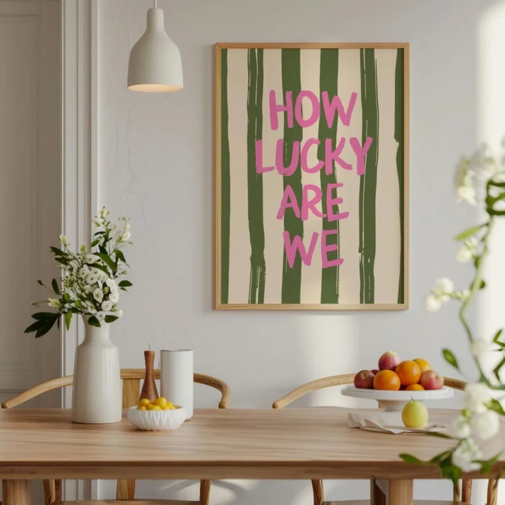 How Lucky Are We Print,Typography Wall Art,Retro Striped Poster,Cute Aesthetic Positive Quote,Romantic Bedroom Wall Decoratio