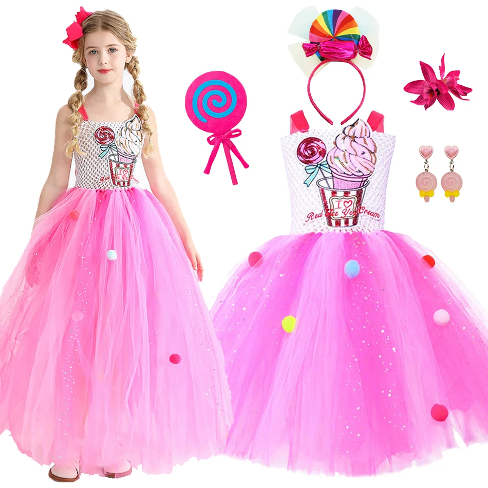 Girls Lollipop Sweet Candy Tulle Princess Dress IceCream Print Fairy Vestidos Children Purim Carnival Birthday Party Costume