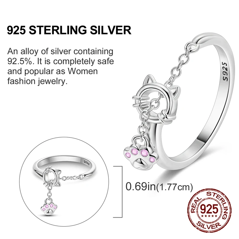 Original Solid PURE 925 เงินสเตอร์ลิงน่ารักแมวนิ้วมือแหวนผู้หญิงสาวแหวนของขวัญเครื่องประดับสําหรับแฟน