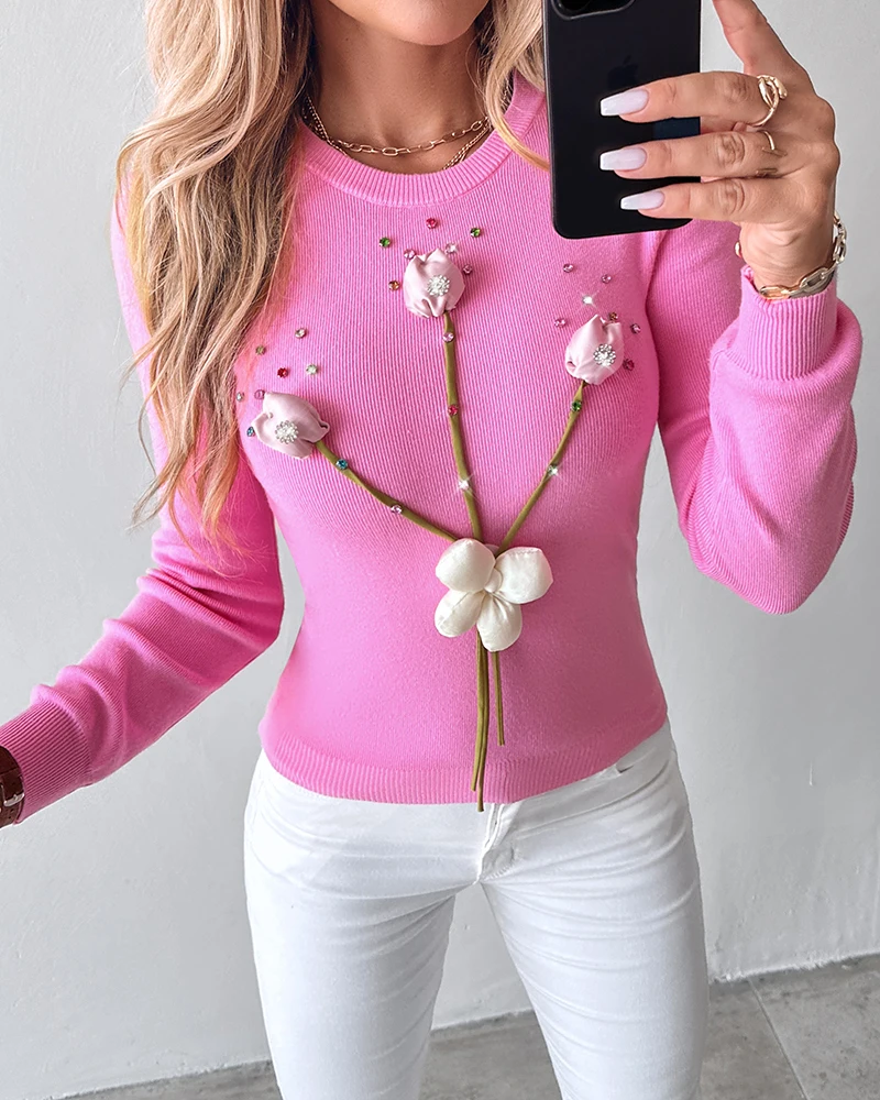 Elegant Autumn Women's Knitted Long Sleeved Casual O-Neck Tight Fitting Daily Sweater Flower Pattern Rhinestone Knitted Sweater