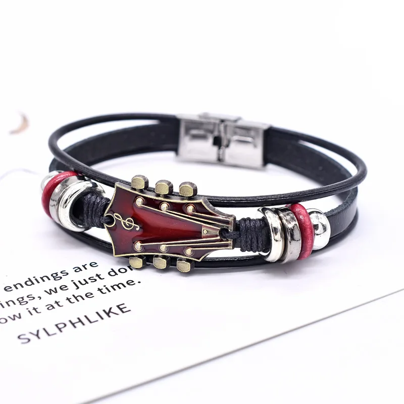 Punk Music Festival Zinc Alloy Guitar Stainless Steel Buckle Flag Color Leather Weaved Bracelet for Women Men Gift