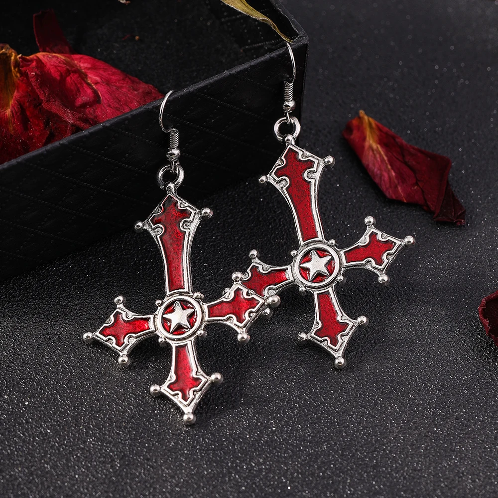 Aihua Gothic Pentagram Inverted Cross Pendant Earrings Halloween Cross Pendant Earrings Devil Lucifer Satan Satanic Jewelry