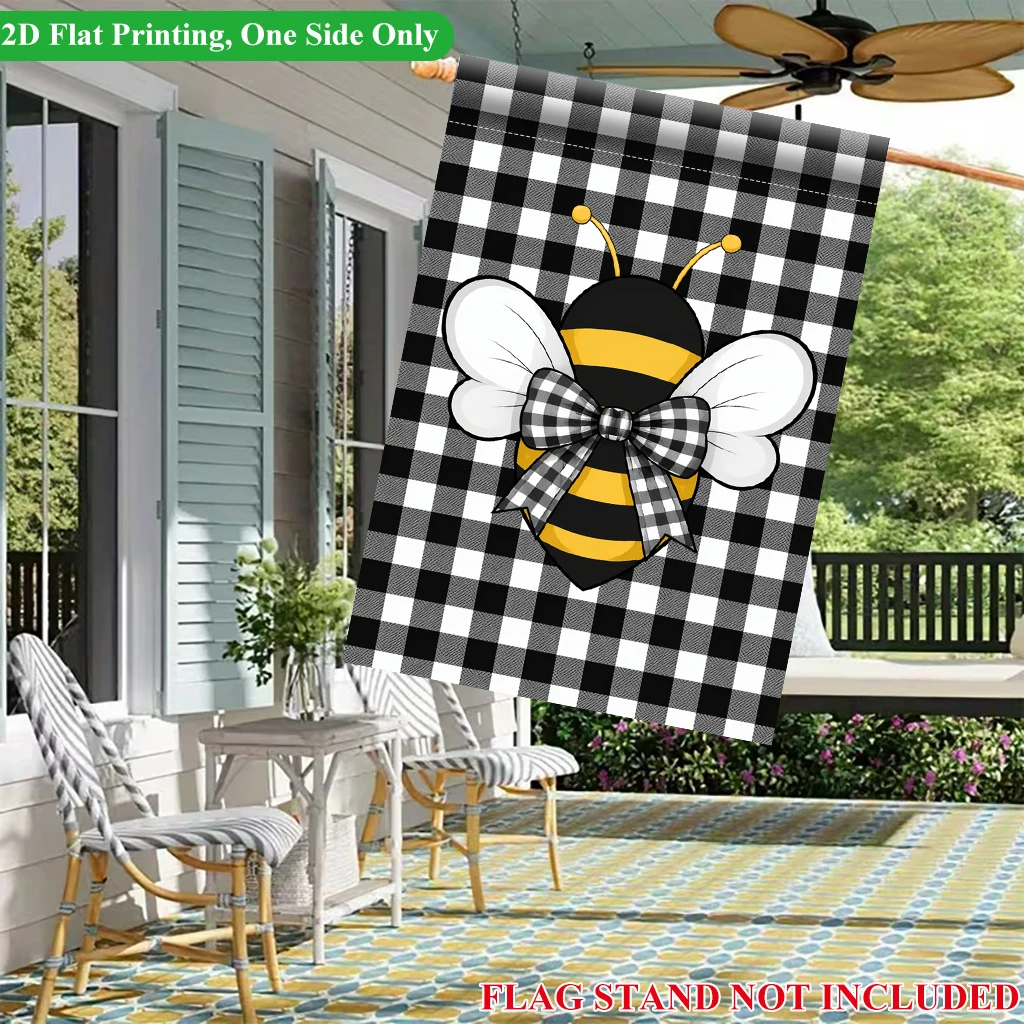 1pcs Black White Buffalo Plaid Bumble Bee Garden Flag Cute Bow Spring Summer Outdoor Yard Flag Decor One Side Only