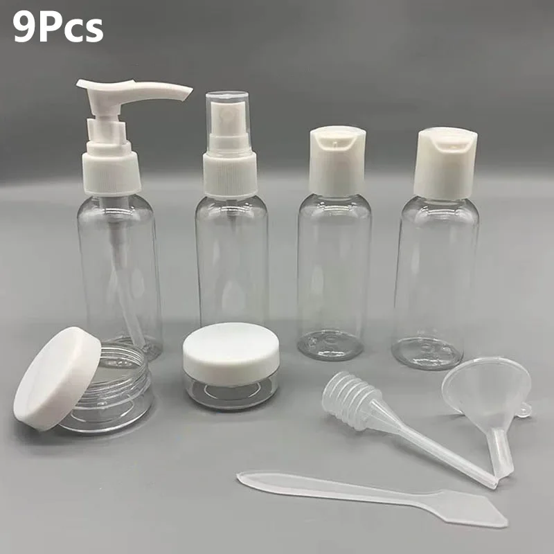 

9Pcs Portable Clear Travel Bottle Set Empty Cosmetic Spray Bottles Refillable Lotion Cream Containers With Funnel Dropper Spoon