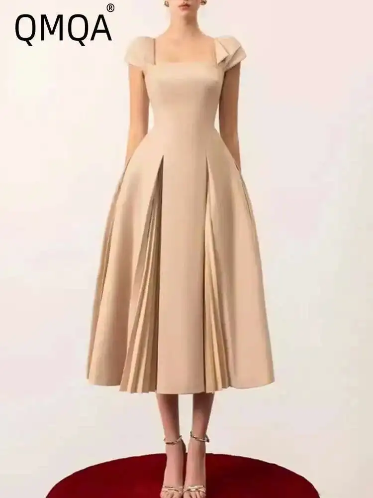 

QMQA Fashion Women's Elegant Dress Square Collar High Waist Folded Splicing Work Evening Dress New Style Clothing 1A502