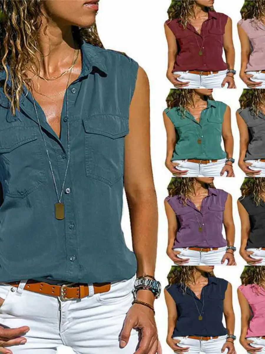 

Summer Women's Shirt Dress plus Size 8XL Sleeveless Flip Collar Pure Color Polyester Fiber Casual Fashion Ladies' Blouse
