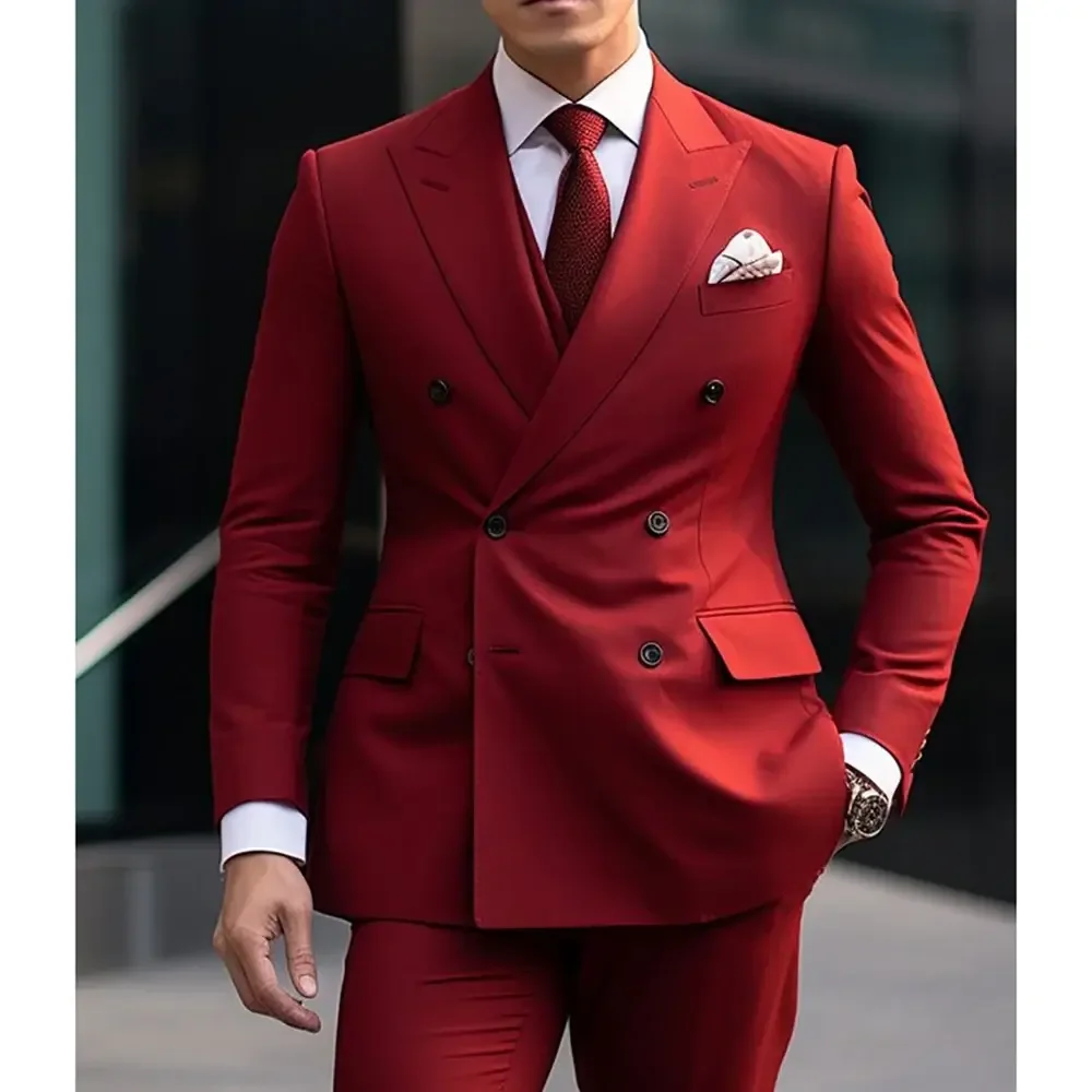 

Elegant Red Men's Suit Regular Length 2 Pieces Peaked Lapel Double Breasted Blazer Wedding Groom Party Custom Male Clothing
