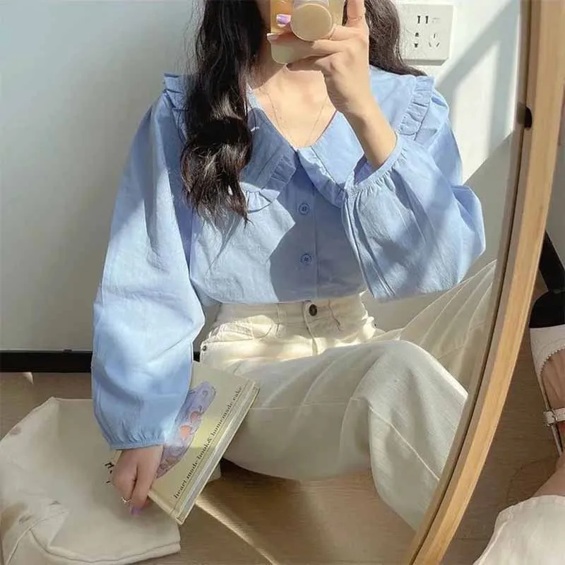 Women Doll Collar Spring Retro Style Milk Yellow Design Sense Long Sleeved Cardigan Blouse Female French Solid Color Shirt Tops