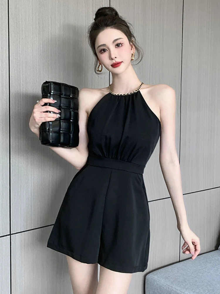 

New Fashion Elegant Women Jumpsuits Black Sexy Halter Sleeveless Party Club Beach Femme Mujer Shorts High Waist Playsuits Summer