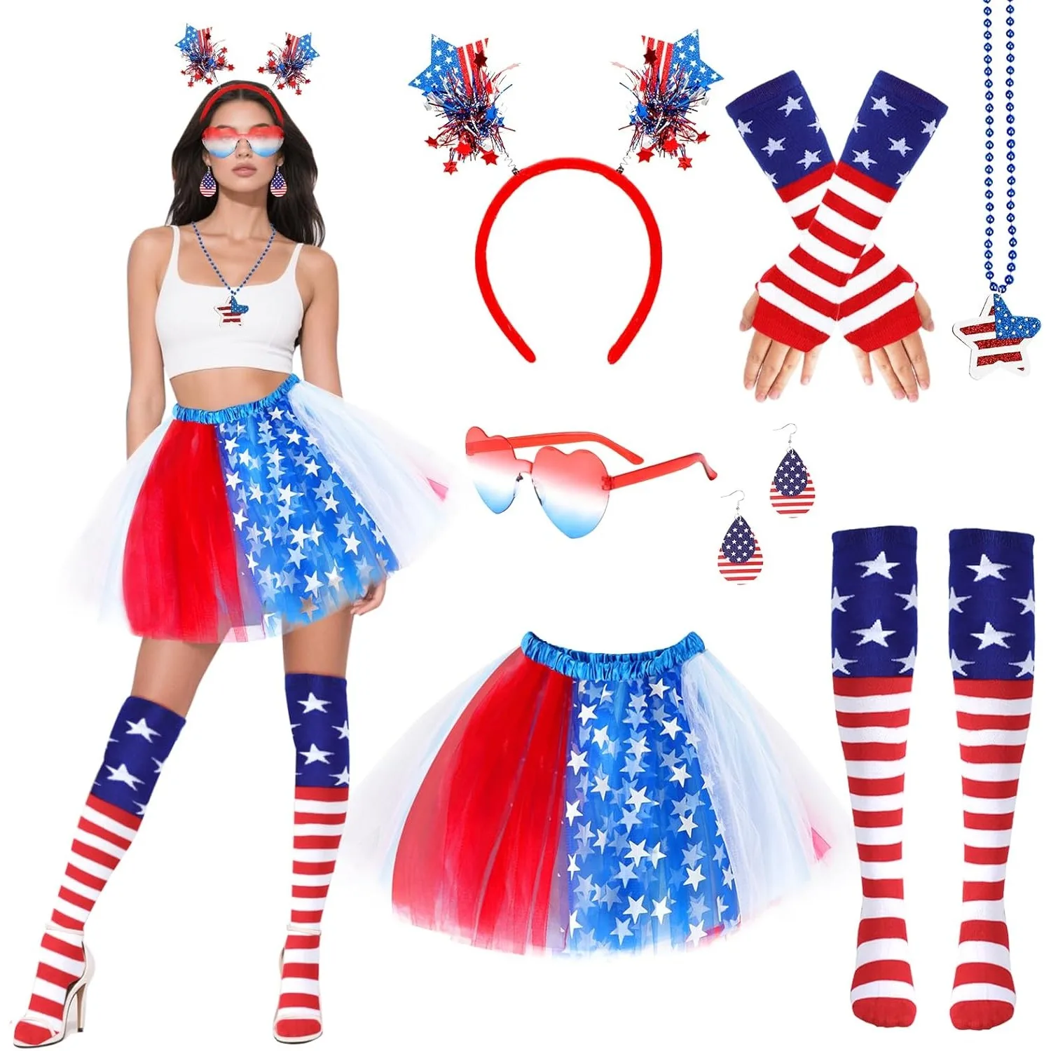 

Комплект из 7 предметов: бело-синее туту на 4 июля с солнцезащитными очками и повязкой на голову в стиле США, патриотический костюм для Дня независимости