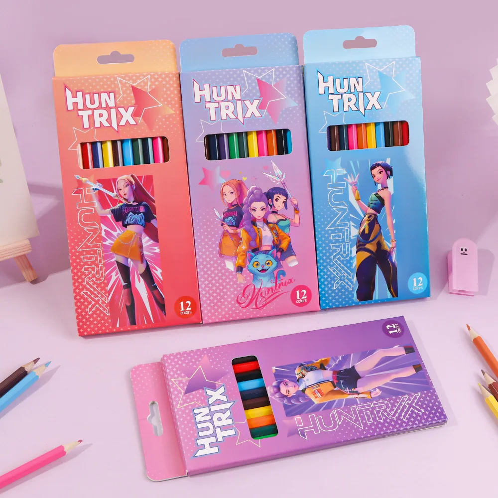 12Pcs Kpop Demon Hunters Huntrix Colored Pencils Wood Graphite Sketch Pencils Set Smooth Writing for School Drawing Sketching