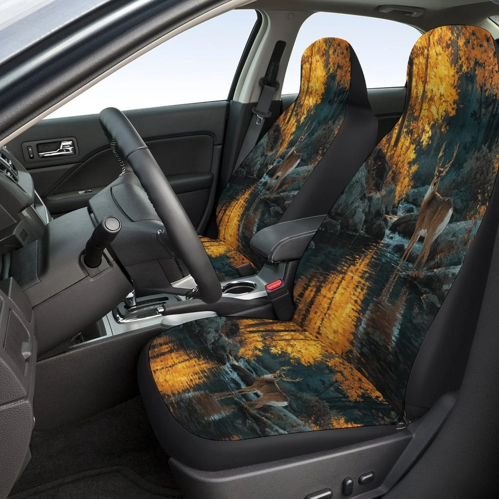 Autumn Stream Deer Designed Universal Car Seat Cover Set Suitable For Most Vehicles, Stylish Premium Quality Full Set Of Car Sea