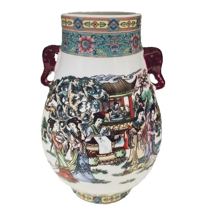 Chinese Old Porcelain Double Eared Big Belly Vase Pastel 12 Beauties Pattern Collectible Antique Decorative Artware