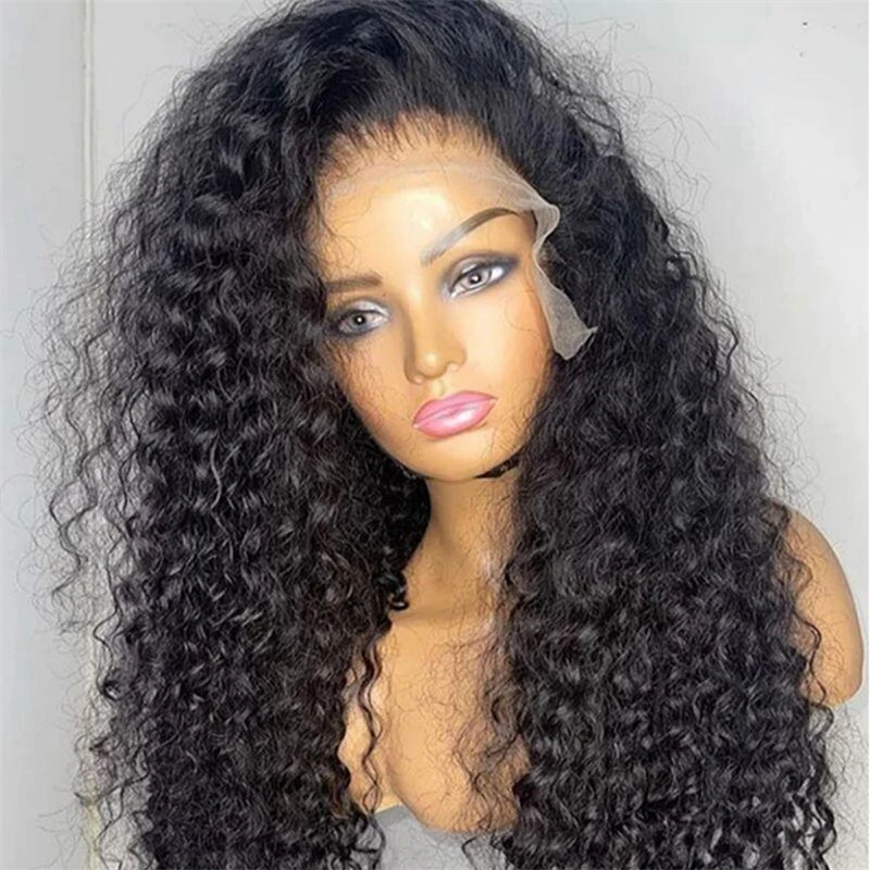 Soft Long 26Inch Natural Black 180Density Kinky Curly Lace Front Wig For Black Women Baby Hair Preplucked Daily Glueless Wig