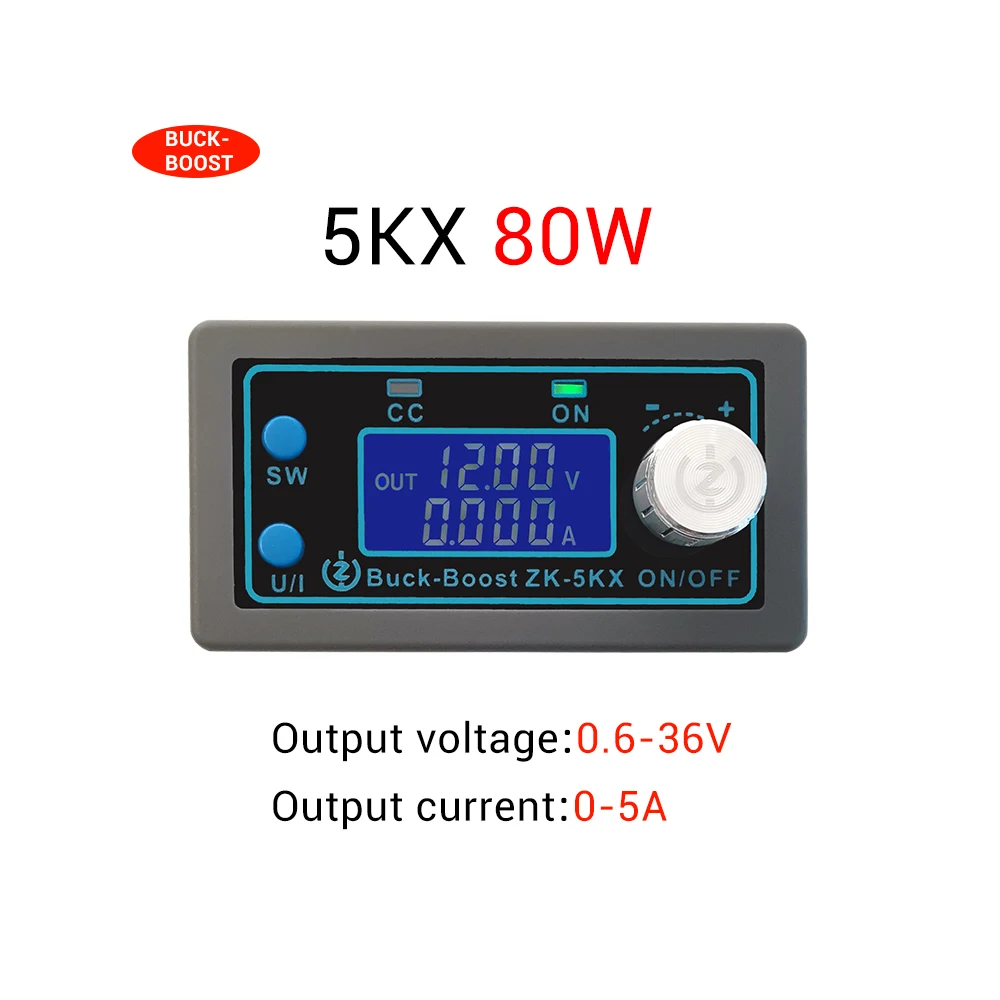 

Adjustable Regulated Power Module ZK-5KX DC DC Buck-Boost Converter CC CV 5A 80W CNC Power Supply Module with LCD Display