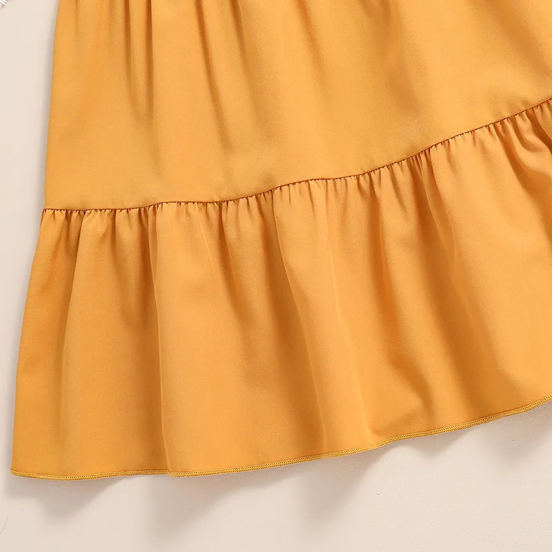 Children\'s Top And Bottom Clothes Set Solid Yellow Short-Sleeved Top + Splice skirt Summer Designed Classic Fashion Party Casual